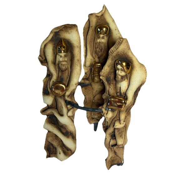 Handmade 3 Wiseman Clay Ceramic Sculpting Texturized Gold Accents Ring Stand - Picture 1 of 16